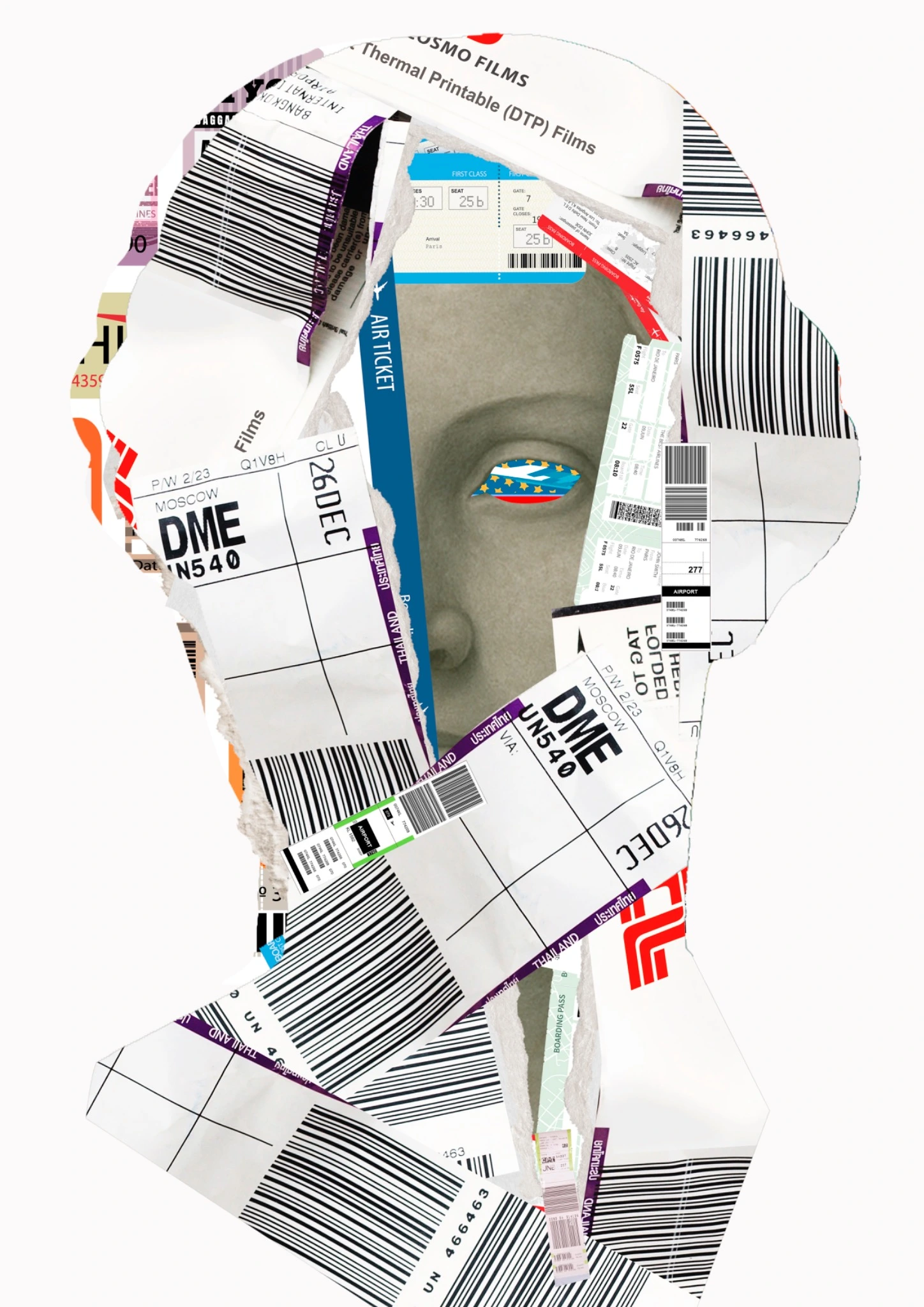 Torn paper and map fragments form a broken classical face