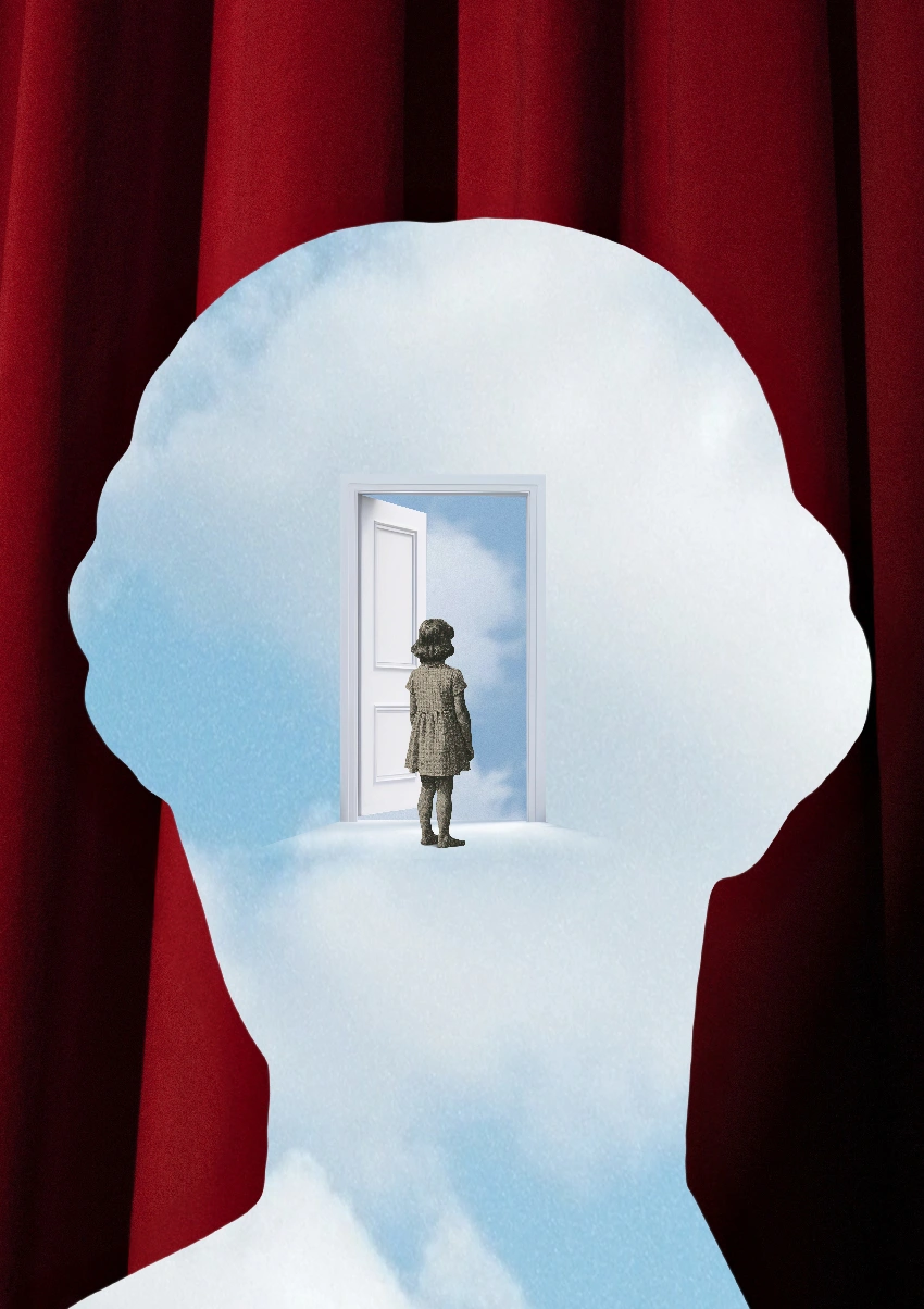 A child at a doorway inside a sky-filled silhouette